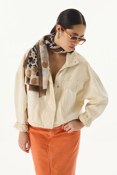 FENZA SCARF Βαμβακερό σάλι AMY με γραφικό σχέδιο καφέ-μπεζ
