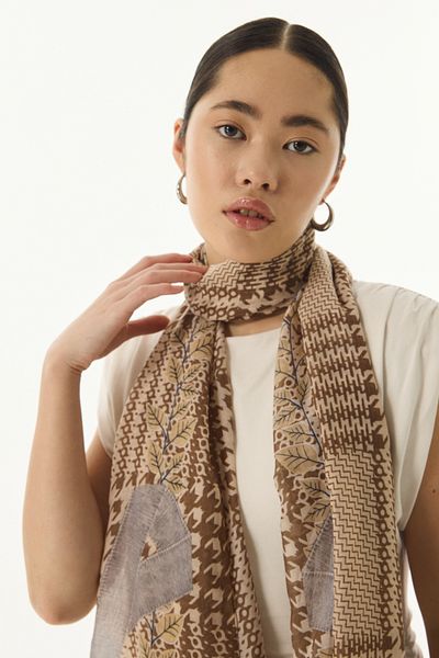 FENZA SCARF Beige-Mink Cotton Tulip Leaf Patterned Shawl