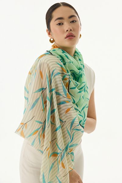 FENZA SCARF Şal din bumbac verde cu model de frunze de iederă