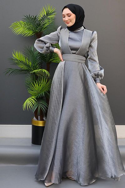 GİZ AGİYİM Βραδινό φόρεμα V πλισέ Hijab Σκούρο Γκρι