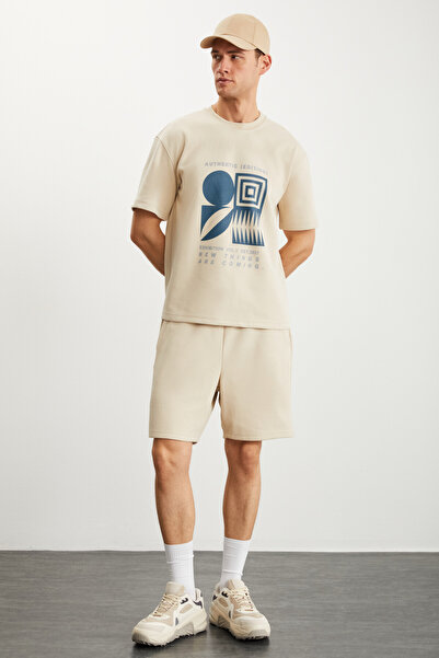 GRIMELANGE Ramadanp008 Ανδρικό μπλουζάκι μπεζ με στάμπα 100% βαμβάκι