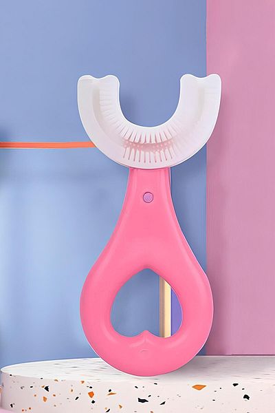 Factorial فرشاة أسنان للأطفال على شكل حرف U باللون الوردي للأطفال بعمر 2 3 سنوات، فرشاة أسنان للأطفال، مقعد استحمام للأطفال