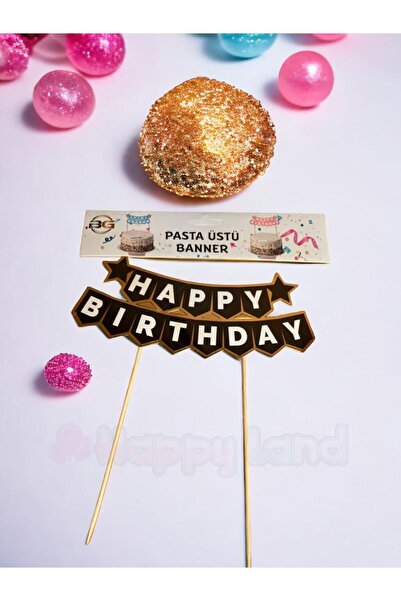 Happyland Happy Birthday Cake Flag Cake Top Banner (Black Gold)