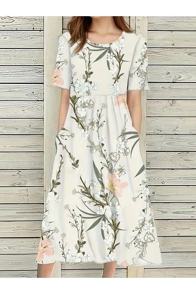Viyamo Women's Midi Length Pocket Floral Printed Single Jersey Dress - Short Sleeve
