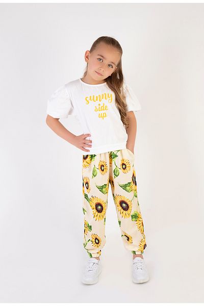 Tuffy Kids Girl's Festive Sunflower Patterned Viscose Fabric Short Sleeve Double Set 6-9 Years