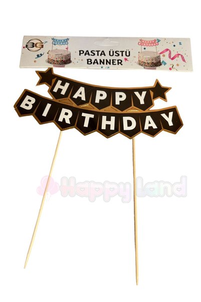 Happyland Happy Birthday Cake Flag Cake Top Banner (Black Gold)