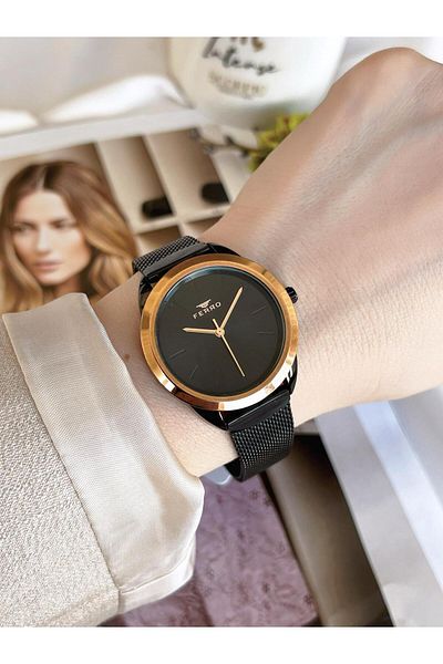FERRO Black Straw Cord Colorfast 30 Meters Water Resistant Special Design Women's Wristwatch 21073-R