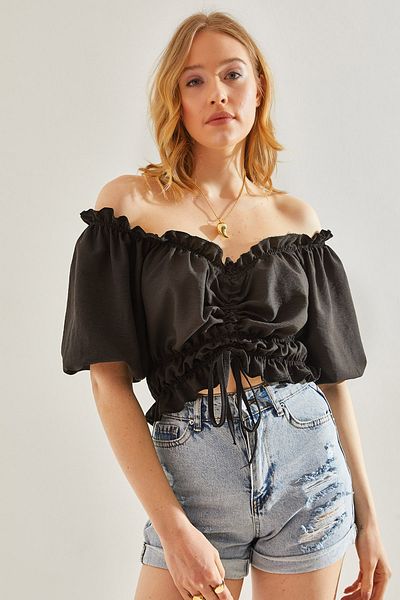 Bianco Lucci Γυναικεία μπλούζα με κορδόνια Jessica Fabric Madonna γιακά