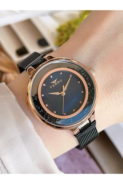 FERRO Black Straw Cord Colorfast 30 Meters Water Resistant Special Design Women's Wristwatch 21205-R