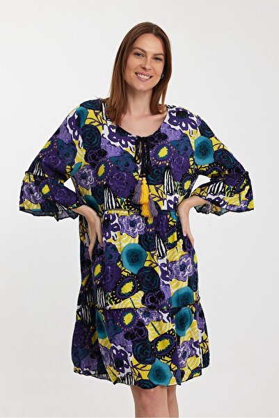 AYASOFYA OTANTIK Γυναικείο Μωβ Φόρεμα με Τρία Τέταρτα Μανίκια Floral Μοτίβο Oversize Loose Midi Φόρεμα