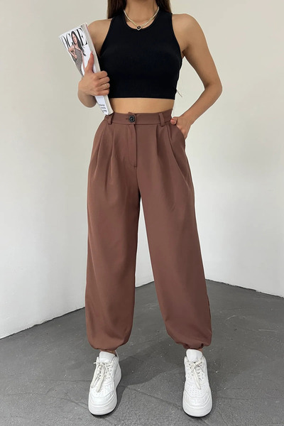 Sun Victoria Women's Brown High Waist Balloon Pants with Elastic Legs
