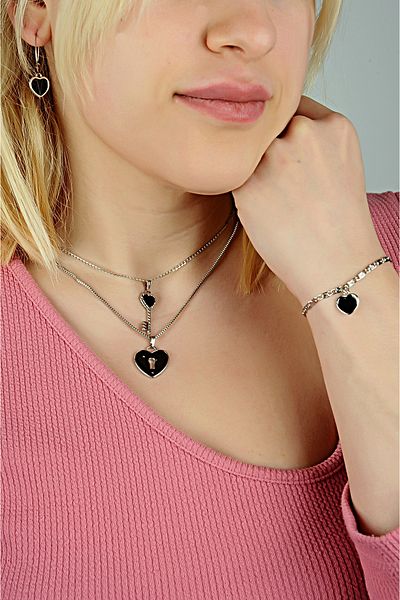 EUROMODA Black Heart Designed 2-Piece Chain Necklace Earring and Bracelet Set