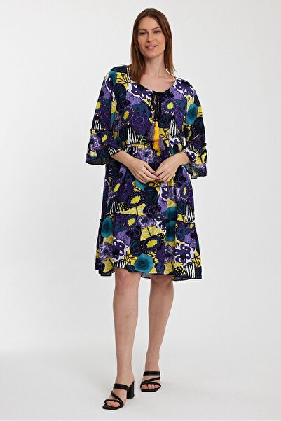 AYASOFYA OTANTIK Γυναικείο Μωβ Φόρεμα με Τρία Τέταρτα Μανίκια Floral Μοτίβο Oversize Loose Midi Φόρεμα