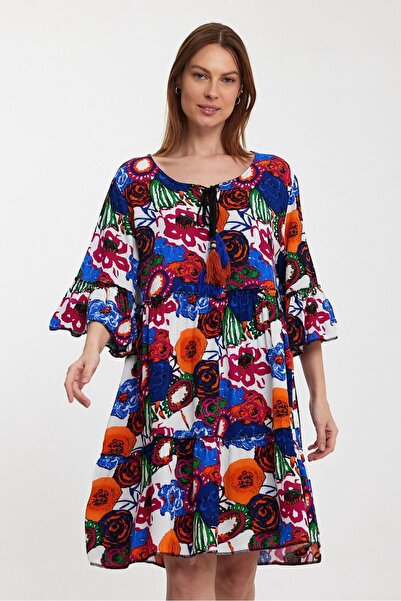 AYASOFYA OTANTIK Γυναικείο λευκό φόρεμα με λουλουδάτο μοτίβο με μανίκια τριών τετάρτων Oversize Casual Midi