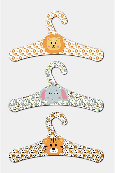 kutuTR Wooden Children's Hanger Lion-Elephant-Tiger Patterned 9 Pieces Hangers