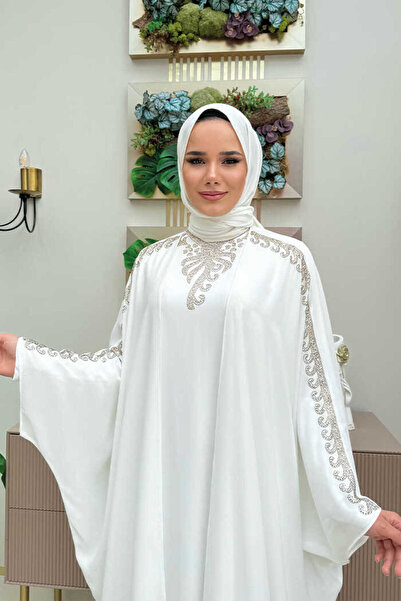 Bym Fashion Stone Embroidered Dressed Abaya Suit 8499 Ecru