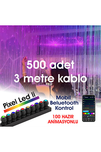 coraxads Fiber Optik Şelale, Işık Perdesi, Yağmur Dekor, 500 ADET 3MT 0.75MM KABLO + Animasyonlu IŞIK KAYNAĞI
