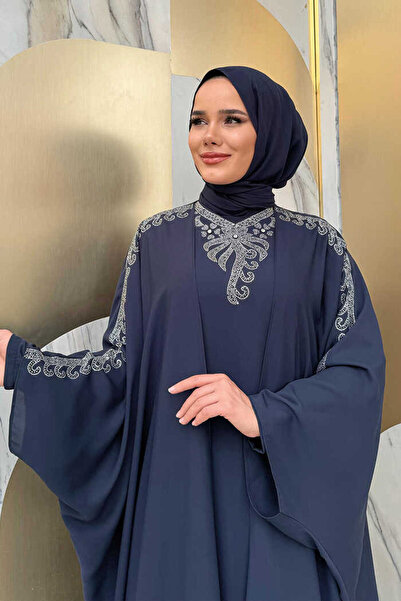 Bym Fashion Stone Embroidered Dressed Abaya Suit 8499 Navy Blue