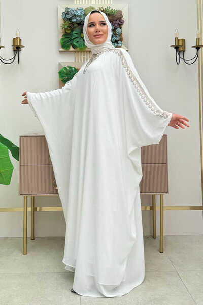 Bym Fashion Stone Embroidered Dressed Abaya Suit 8499 Ecru