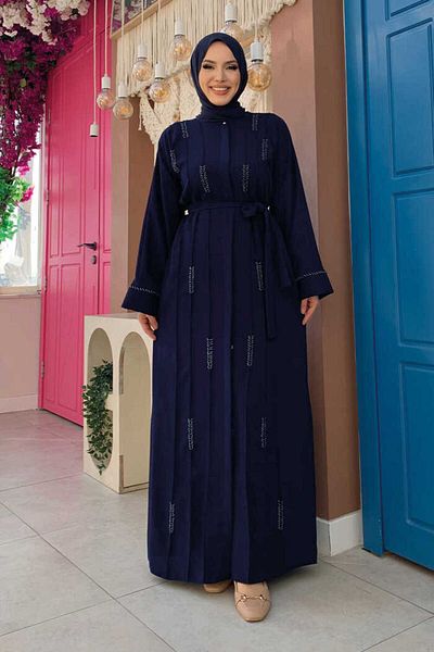 Bym Fashion Navy Blue Full Size Bead Embroidered Ferace 7894