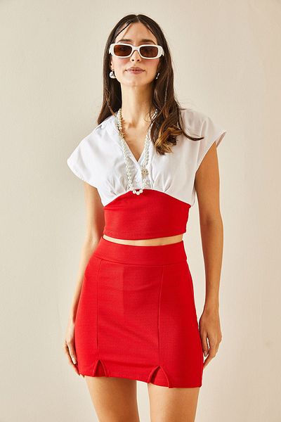 XHAN Red Shirt Detailed Crop Blouse 5YXK2-48365-04