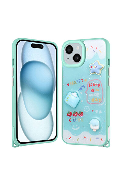 UnDePlus Apple iPhone 15 Kılıf Kabartma Figürlü Parlayan Sıvılı Simli Cevze K...