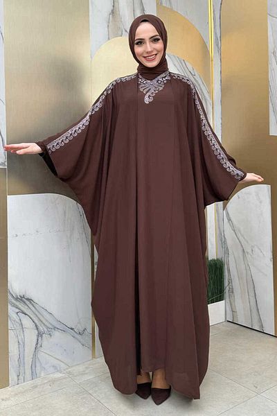 Bym Fashion Πέτρα Κεντητό Ντυμένο Abaya Κοστούμι 8499 Καφέ