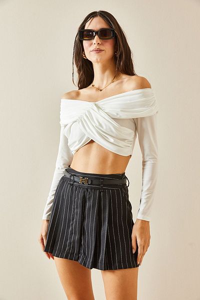 XHAN Bluză crop cu detaliu cu gât de barcă albă 5YXK2-48367-01