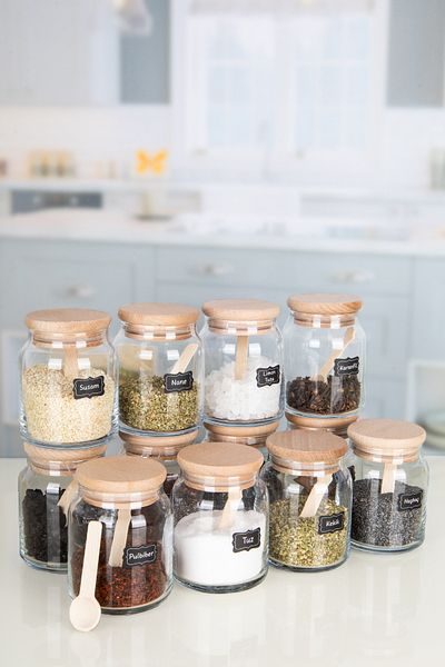 Lizzy 12-Piece Spice Set with Label, Bamboo Wooden Vacuum Lid and Spoon 300 ml GLASS