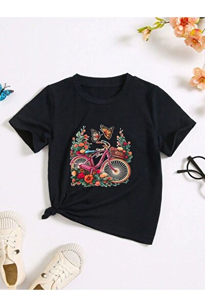 LOUİSA Tricou din bumbac pieptănat, negru, pentru fetiță, cu flori și fluturi