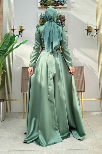 Bym Fashion فستان سهرة من الساتان بالنعناع - تفاصيل حجرية، موديل 1158