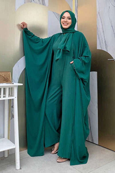 Bym Fashion Jumpsuit with Shawl and Abaya Double Set 8519 Emerald