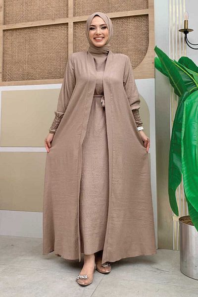 Bym Fashion Shawl Dressed Abaya Suit 3883 Mink