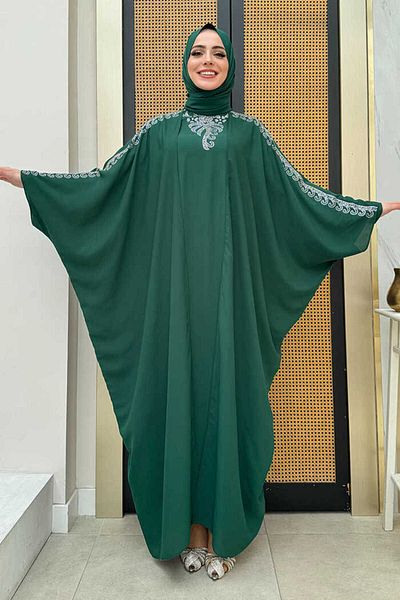 Bym Fashion Πέτρινη Κεντημένη Ντυμένη Abaya Κοστούμι 8499 Emerald