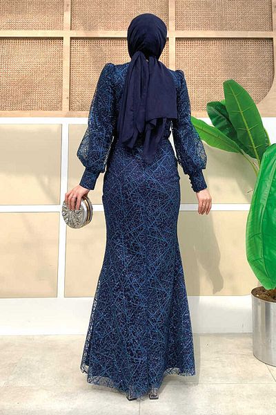 Bym Fashion Marineblaues Abendkleid mit glitzerndem Muster und Ballonärmeln - 1144