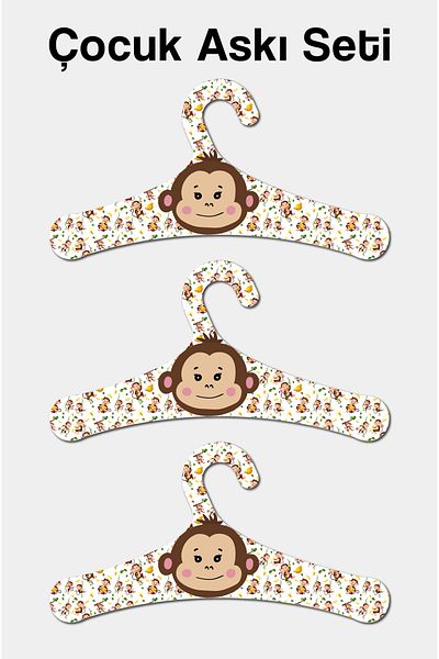 kutuTR Wooden Children's Hanger Monkey Patterned 12 Pieces of Hangers