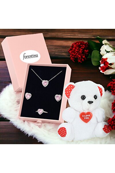 Forentina Gümüş Kaplama Pembe Kalpli Kolye Küpe Yüzük -Ayıcık-Pembe Kutuda He...