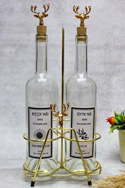 Jenisa Transparent Bottle Oil Pot with Gold Color Deer Accessory and Gold Stand Deer Cork Stopper