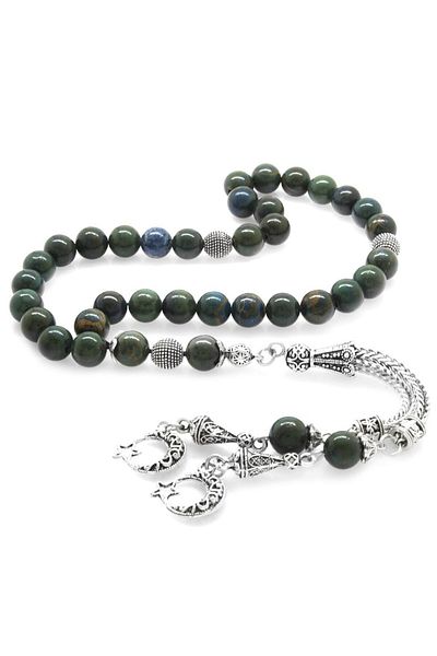 Tesbihane Non-Tarnish Metal Crescent and Star Tasseled Globe Cut Blood Stone Natural Stone Rosary