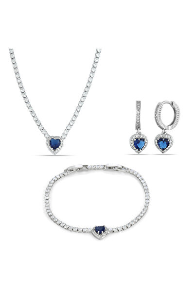 Forentina Gümüş Kaplama Lacivert Kalp Taşlı Kolye Küpe Bileklik Kombin Takı S...