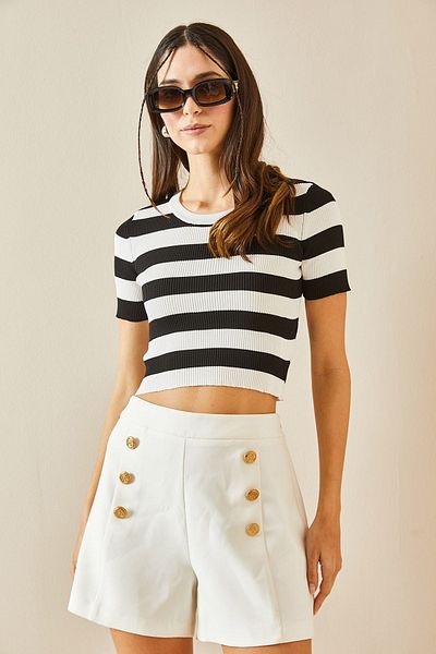 XHAN White Crew Neck Striped Knitwear Crop Blouse 5YXK2-48371-01