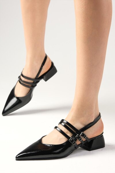 Mio Gusto Katniss Černá barva Lakovaná kůže Dámské boty na krátkém podpatku s otevřenou zadní přezkou se špičatou špičkou