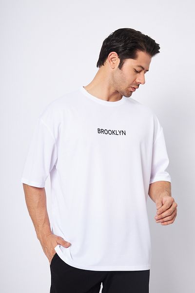 Moda Işık Ανδρικό αθλητικό μπλουζάκι Brooklyn Printed - Λευκό, στρογγυλή λαιμόκοψη