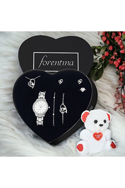 Forentina Gümüş Kaplama Kalp Kolye Küpe Bileklik Yüzük Saat Ayıcık Hediye Set...