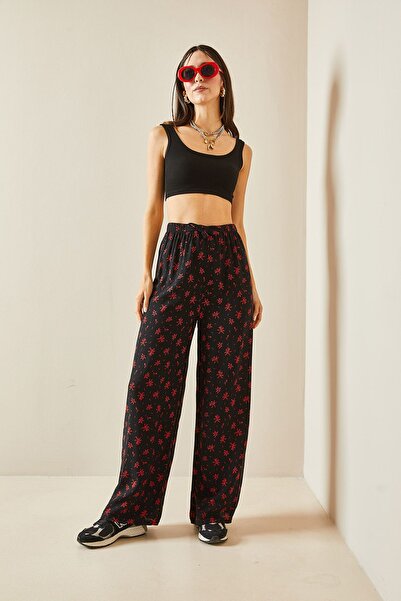 XHAN Siyah Etnik Desenli & Beli Lastikli Bol Paça Pantolon 5YXK5-48214-02