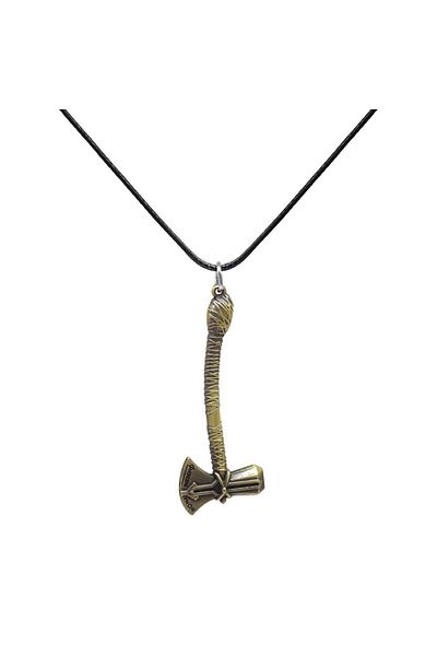 Tesbihane Thor Axe Design Black Rope Chain Antique Color Brass Men's Necklace