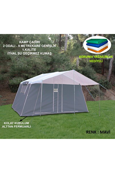 FZM Kamp Çadırı - Su Geçirmez Ithal Kumaş - 9 Metrekare - Alttan Fermuarlı + Koruma Yağmurluk