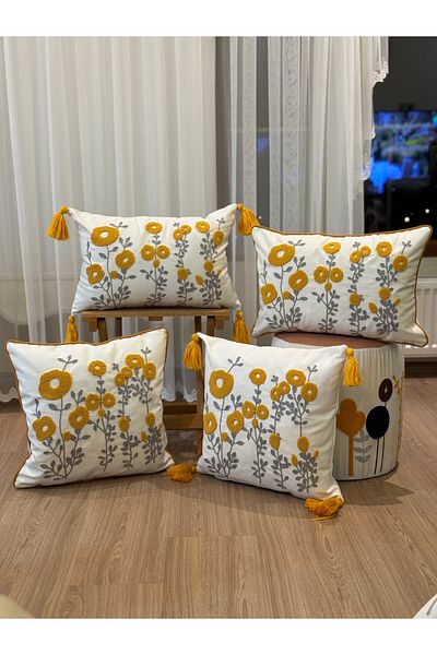 BUGİ HOME COLLECTİON Set de 4 huse de pernă decorative brodate și brodate cu pumn