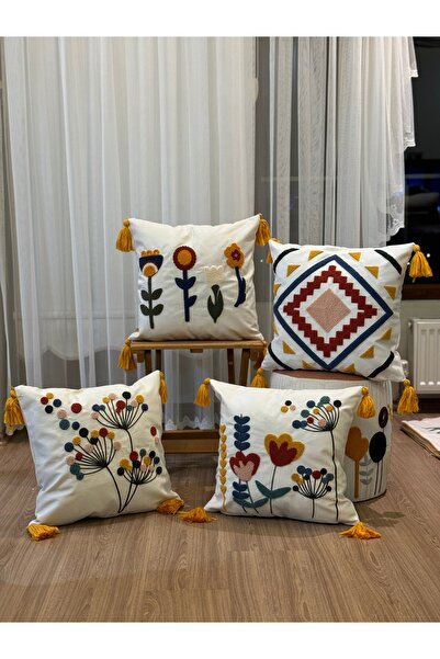 BUGİ HOME COLLECTİON Set de 4 huse de pernă decorative brodate și brodate cu pumn