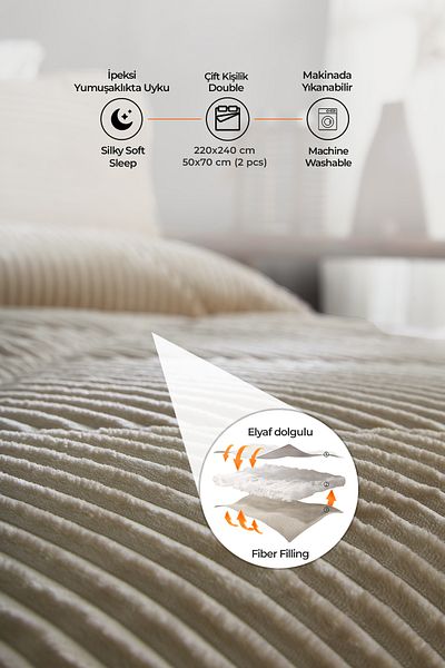 Evlen Home Collection Shrpa Quilt - Plush Soft Daily Wellsoft, Double 3-Piece Beige Bedspread and Sleeping Set